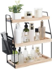 Bathroom Organizer Countertop 3tier Standing Counter Shelf With Basket Wood Tray