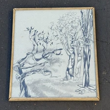 1953 Mid Century Vintage Paper Ink Art Painting Zeke Ziner Frame Black Trees