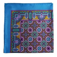 Light Blue & Gold Geometric Medallion Silk Pocket Square