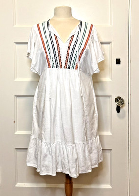 Knox Rose Embroidered Boho Dress White Pockets Tie Neck Women's Size Medium