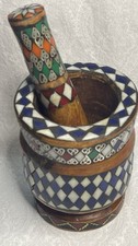 Mortero y mortero Afganistán madera tallada a mano con lapislázuli ARTE POPULAR tribal