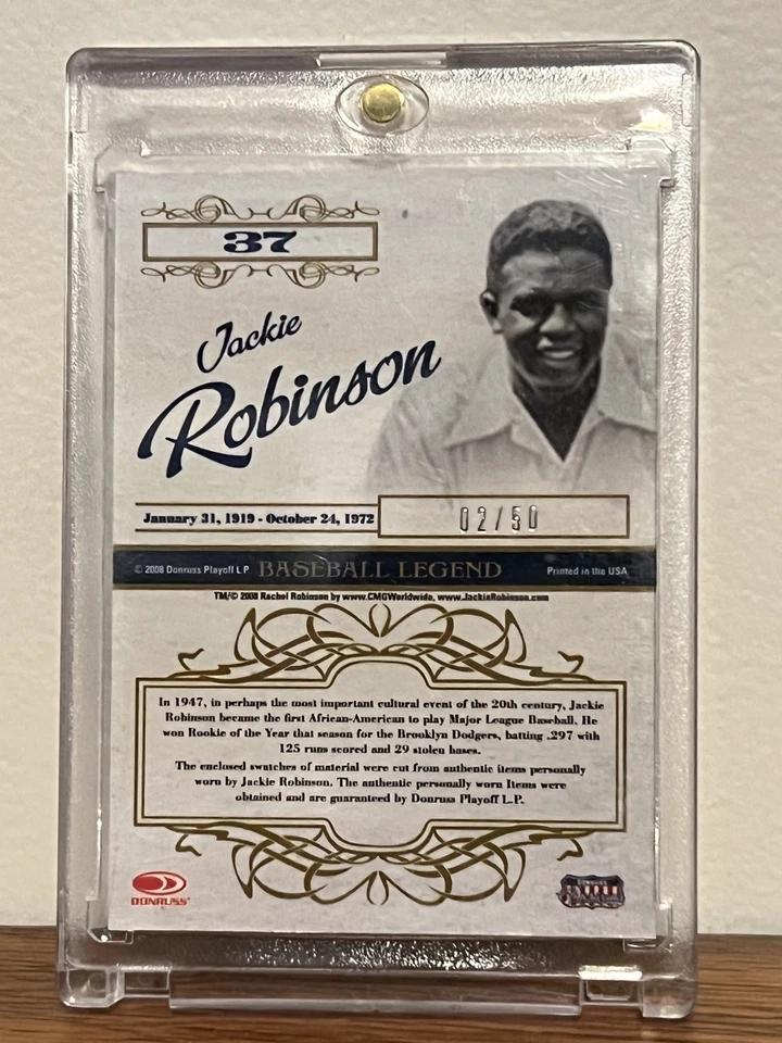 2008 Donruss JACKIE ROBINSON Double-patch Relic card personally worn # 2/50 MINT - Image 2 of 4