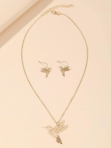 Gold Colored Hummingbird Necklace with Matching Drop Earrings - Picture 3 of 3