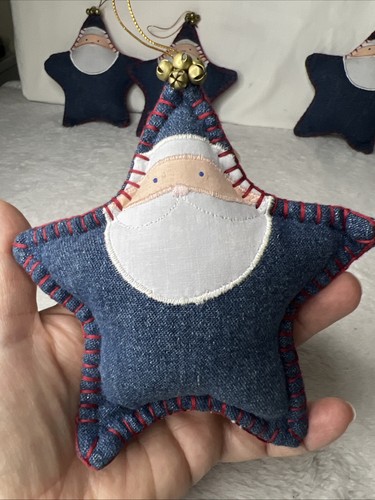 Lot 4 Pier 1 Denim Blue Jean Cloth Santa Star Christmas Tree Ornaments 5” - Picture 2 of 4