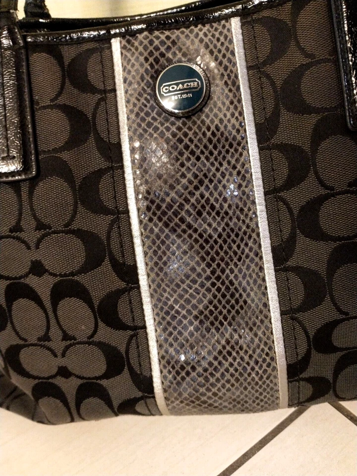 Coach Signature Logo F24882 Black Python Print Stripe Canvas Tote Shoulder Bag - Image 2 of 4