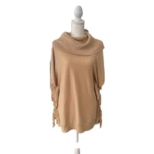 Michael Kors Poncho Sweater Cowl Neck Side Fringe Short Sleeve Tan NWT Size L