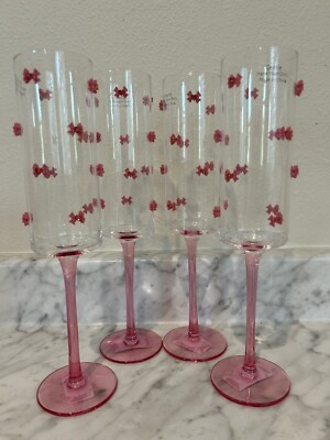 Coquette Pink Bow Heart Gem Champagne Flute Wine Glass Set/4 Valentine s Day