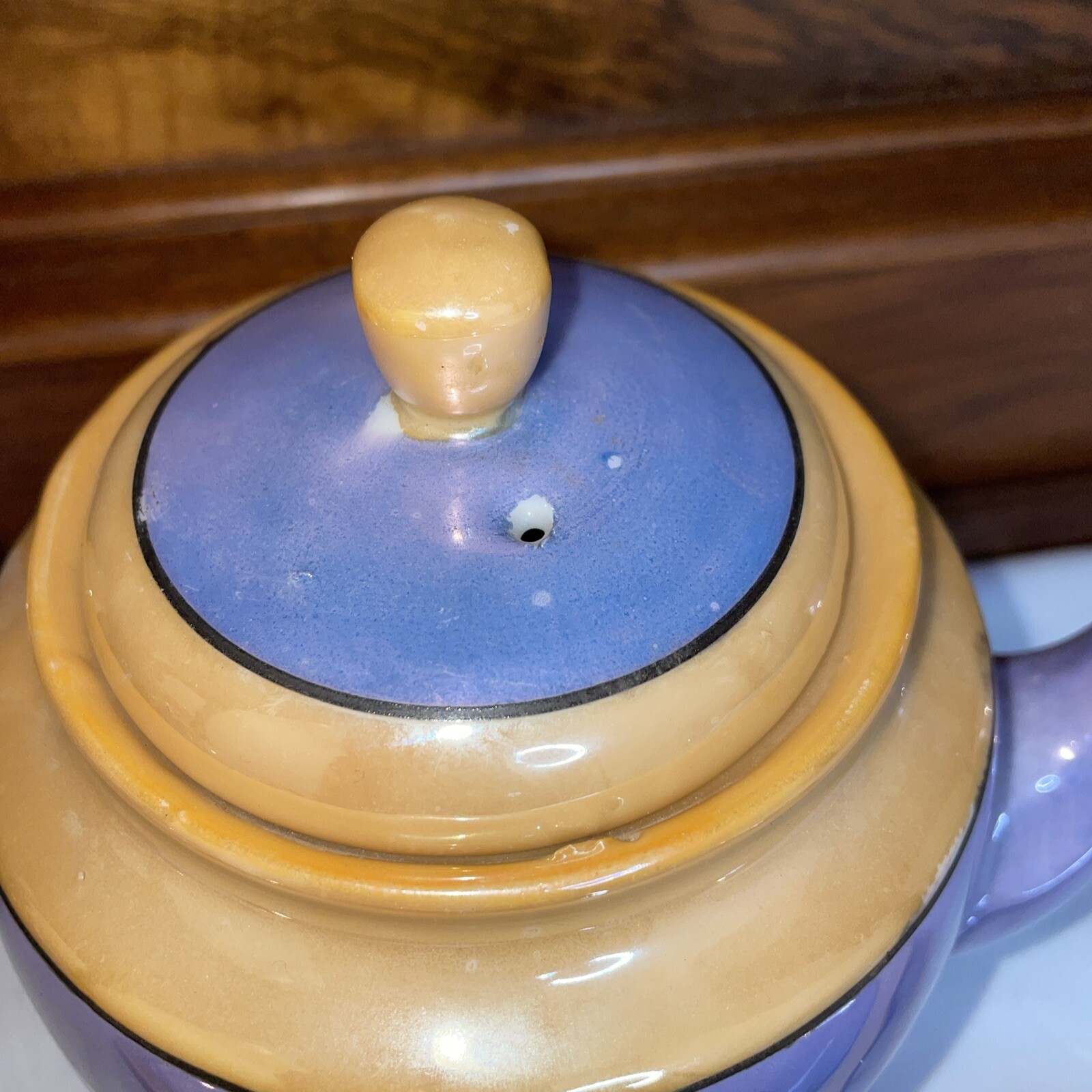 Beautiful Orange & Blue Lustre Tea Pot and Sugar w/Lid Japan  W/ Plates (32)