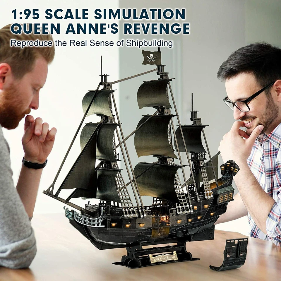 3D Adults Puzzle LED Pirate Ship Large Sailboat Desk Model Kit Gift Queen Anne - Image 2 of 4