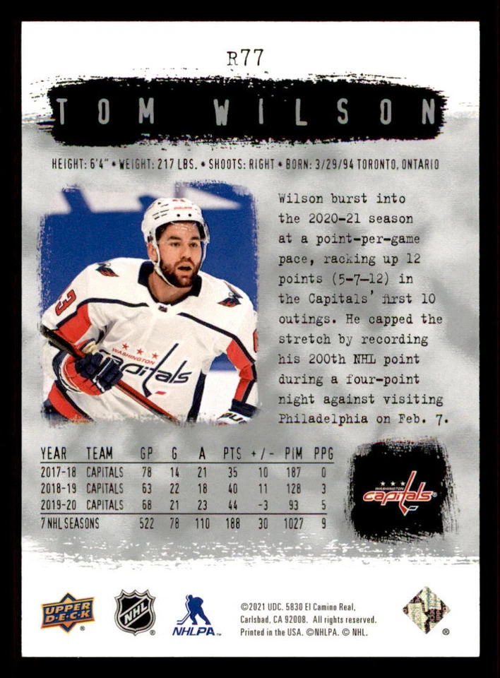 2020-21 SP Authentic '00-01 Retro #R77 Tom Wilson - Image 2 of 2