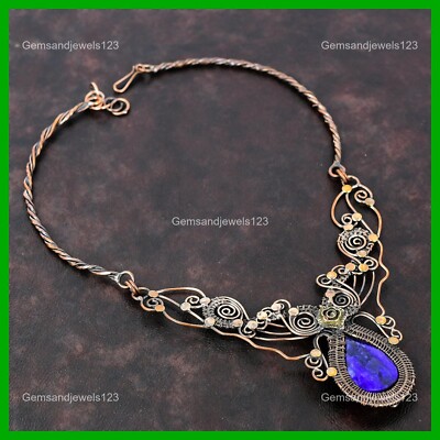 Pear Blue Saphire Gemstone Chain New Wire Wrapped Flower Ethnic Necklace Copper