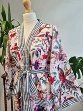 Indian Cotton Bird Kimono Handmade Kimono White Bath Robes Night Maxi Gown Robe
