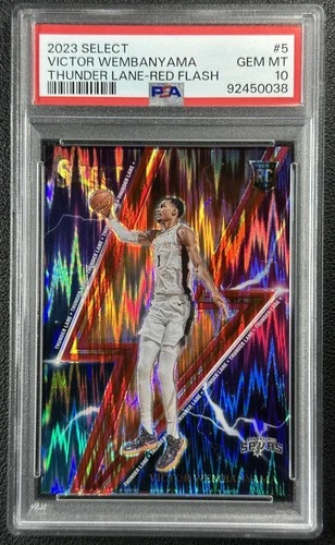 VICTOR WEMBANYAMA PSA 10 2023 PANINI SELECT THUNDER LANE RED FLASH PRIZM RC /99