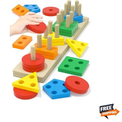 Wooden Montessori Sorting Stacking Toys for Toddlers 1-3 Rainbow Geometric