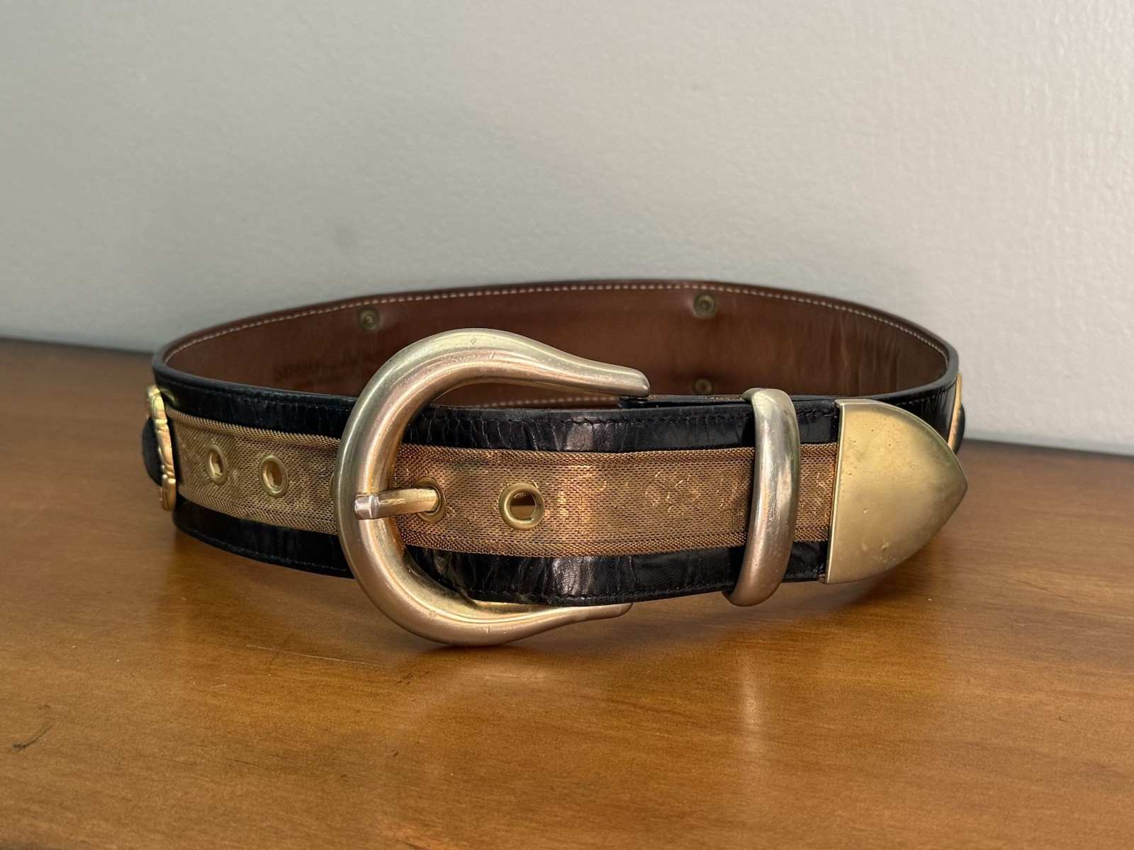 VTG Streets Ahead Gold Metal Mesh Chainmail Black Leather Belt Santa Monica CA