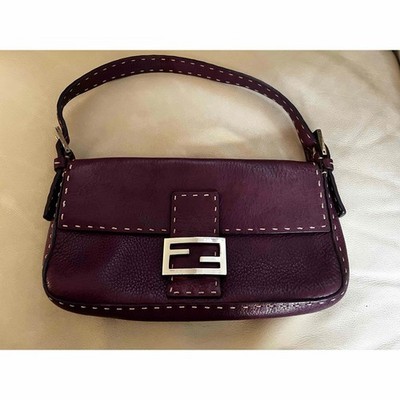 FENDI Baguette Selleria Leather Shoulder Bag Tote Handbag Purple