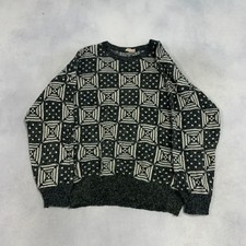 Vintage Abstract Knitted Jumper Patterned Grandad Knit Sweater Men's L