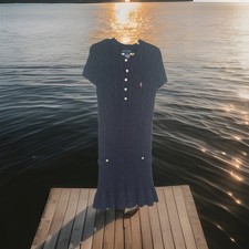Ralph Lauren Navy Blue Knit Long Sweater Dress Girl's Size L Stretch Buttons