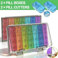 Moisture-Proof Weekly Pill Organizer 4 Times a Day 7 Day Pill Box w/Cutter 2 Set