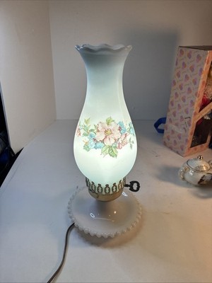 vintage milk glass hurricane table lamp featuring a hand-painted floral design