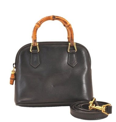 Authentic GUCCI Bamboo 2Way Shoulder Cross Hand Bag Purse Leather Black 008AB