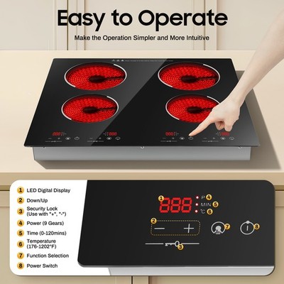 3000W 110V Cooktop 4 Burners Electric Built-in Cooktop Sensor Touch Control