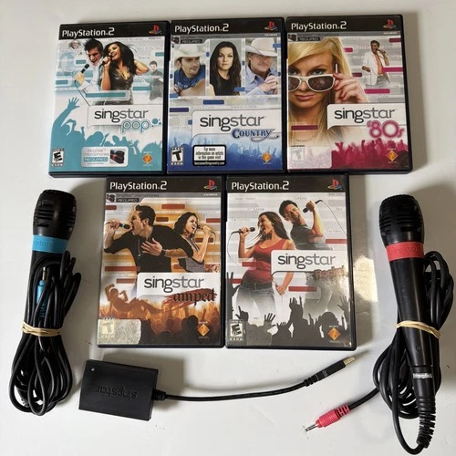 PS2 SingStar Bundle w/ 2 Microphones USB Adapter & 5 Games Tested Working