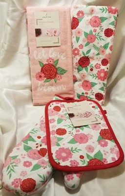 Crofton Set Of 4 Kitchen Towels, 1 Oven Mit & 1 Potholder.  Pink Red Floral NEW