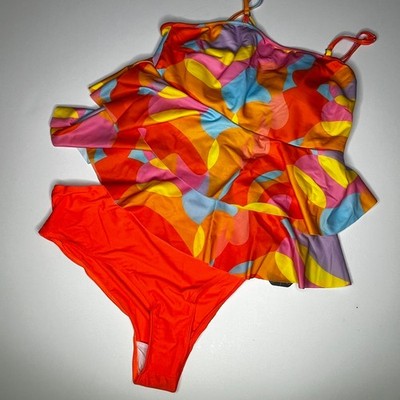 Soly Hux Tankini Ruffle Geometric Neon Swimsuit New Large