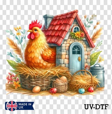 Ostern Hühnerhaus UV DTF Aufkleber - Glas Laptop Becher Tasse kq213