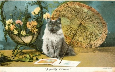 Katze Regenschirm Blumen künstlerische Vintage Postkarte