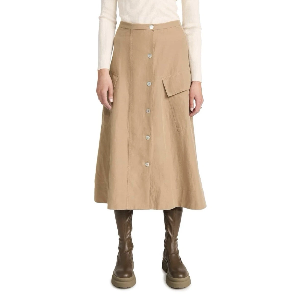 Vince Utility Button Down Linen Khaki Midi Skirt Sz 4 Beach Cargo Boho MSRP $425