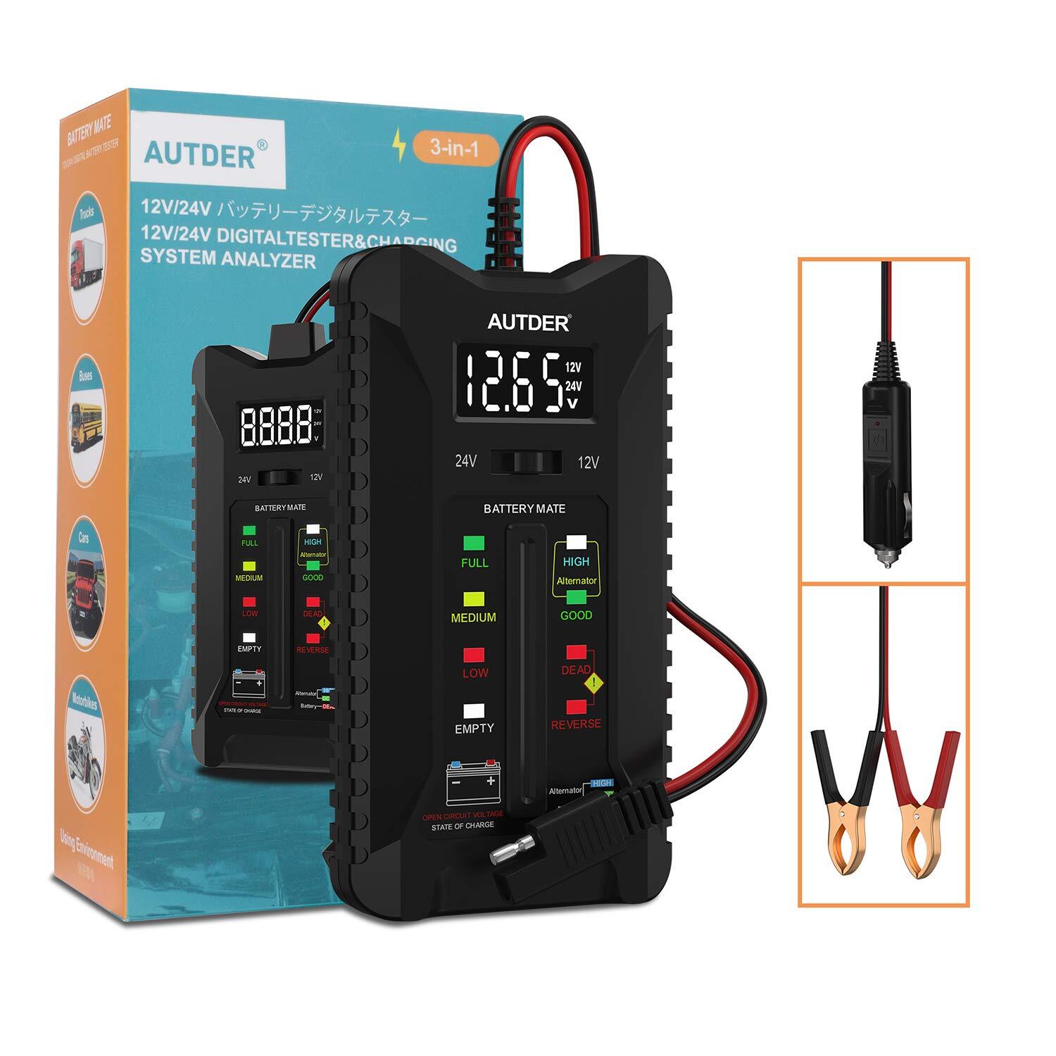AUTDER Car Battery Tester and Alternator 12V/24V with LCD Black