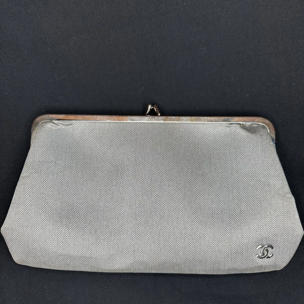 Authentic Chanel Kisslock Pouch Clutch In Silver/ Gray