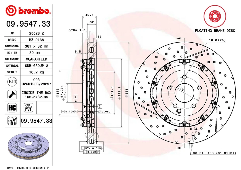 Rotor de freno de disco delantero Brembo 09.9547.33 360 mm para 05-10 Mercedes-Benz SLK55 AMG Foto 2 de 3