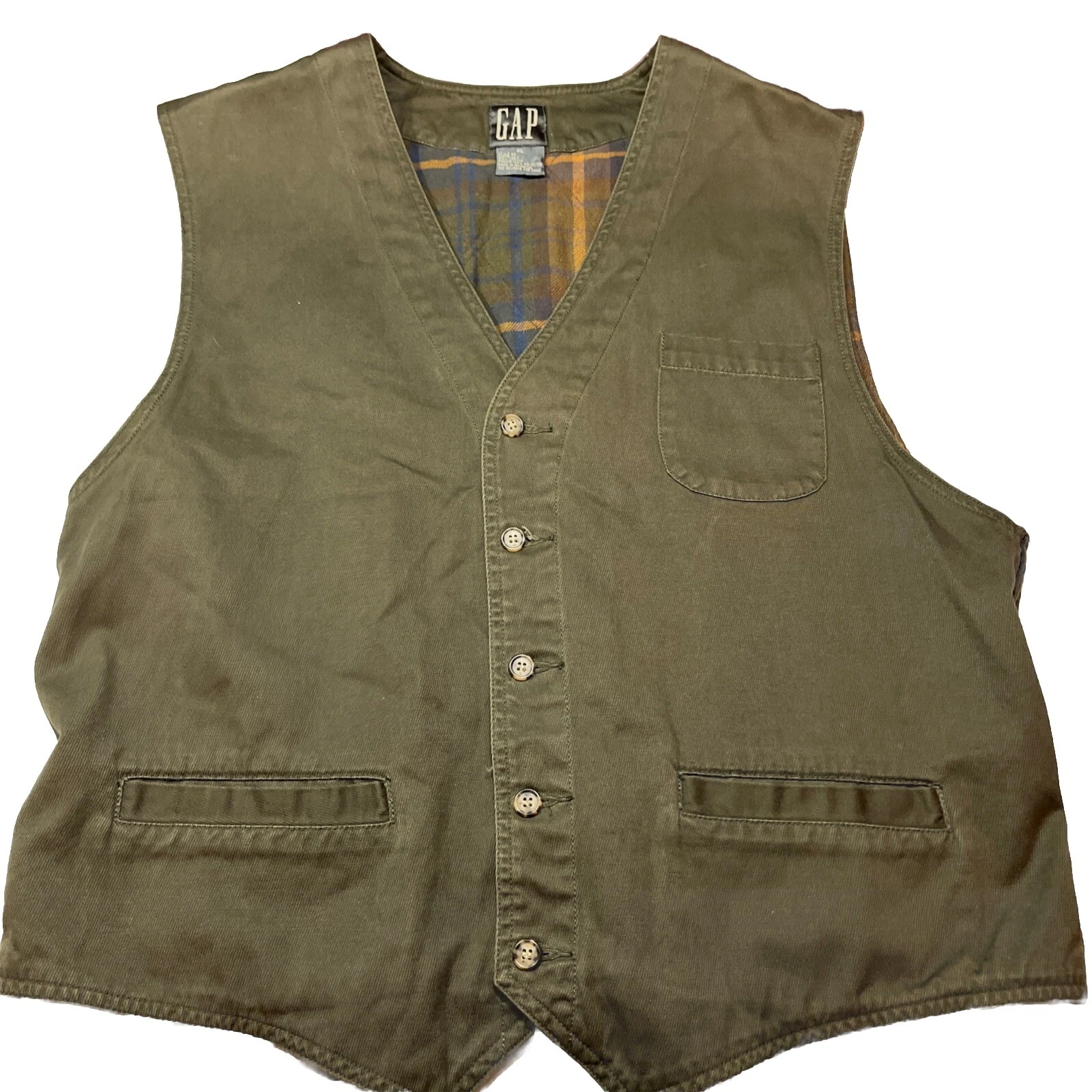XL 90s Gap Plaid Flannel Lined ARMY GREEN Canvas VEST Men cotton Waistcoat Lined