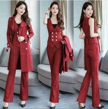 Womens Striped Blazers Vest Flared Pants 3Pcs Formal Business Suits Coats New