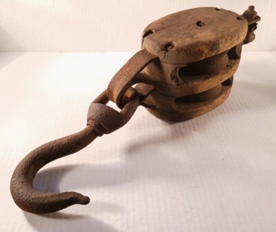 Antique Double Block & Tackle Wood & Iron Farm, Barn, Nautical, Industrial 16''