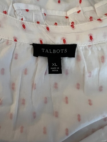 Talbots XL Shirt Oberteil weiß rot gepunktet V-Ausschnitt Ösen Kurzarm Damen Y2 - Bild 6 von 6