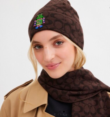 Coach CX132 Cosmic Coach Signature Robot Print Knit Beanie Walnut
