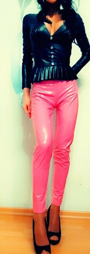 UNISEX! Pantaloni elasticizzati Glossy PushUp wetlook, effetto vernice, specchio, rosa caldo, S/M - Foto 2 di 9