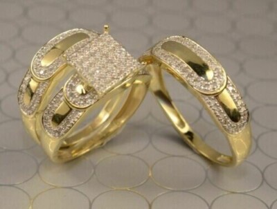 2 Ct Round Cut Moissanite His & Her Trio Wedding Ring Set 14K Yellow Gold Plated