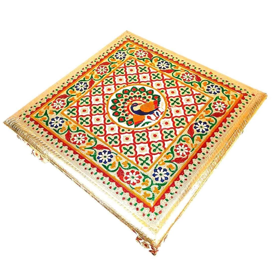 Pooja Chowki Bajot - Diseño de pavo real - Para Diwali pooja y decoración festiva - 16 pulgadas Foto 3 de 4