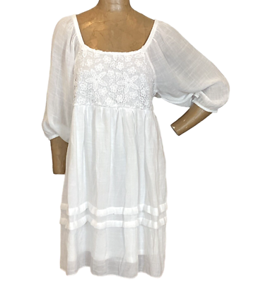 J GEE White Gauzy Dress Crochet Lace Bodice Sz L BOHO Peasant White Noise  299H | eBay