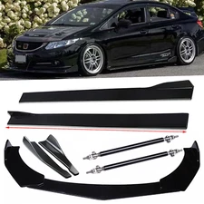 Front Bumper Lip Splitter + Side Skirt +Strut Rod Glossy Black  For Honda Civic