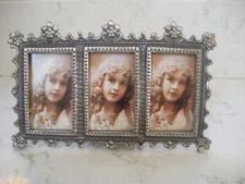 small ornate metal picture frame 3 slots holds 3 pewter look  LOVELY
