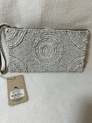 TOMMY BAHAMA IVORY BEADED PURSE ON BELGIAN SATIN SUMMER EVENING