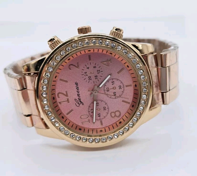 Geneva Watch Bracelet Band Rose Gold Tone Crystal Accent Link New