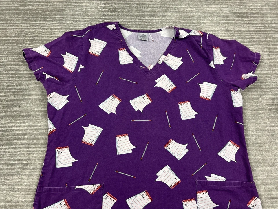 Scrub Top Womens Large Purple V-Neck Short Sleeve 100% Cotton RX - Image 2 of 4