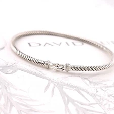 David Yurman Sterling Silver Classis Cable 3mm Diamond Buckle Bangle Bracelet